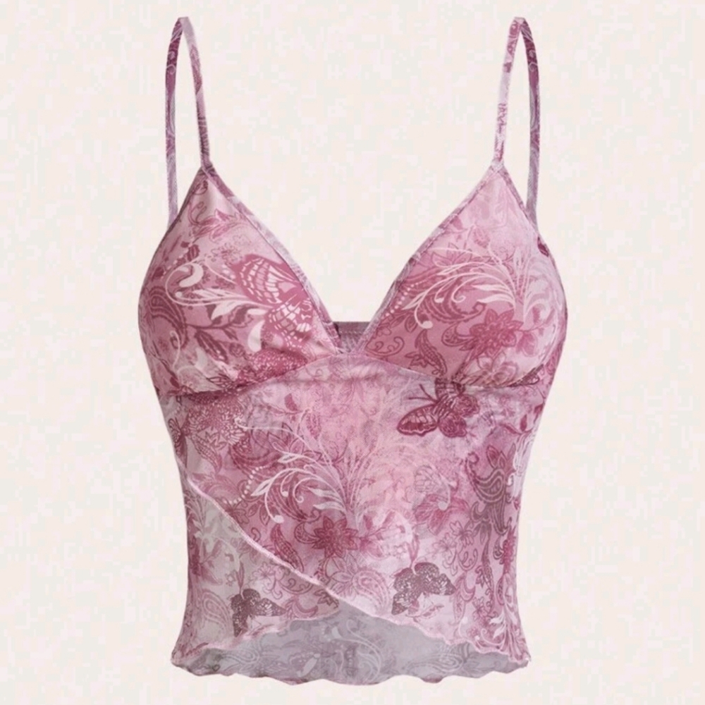 🦋Pink Butterfly Print Mesh Tank Top W/Lined Bust & Asymmetric Lettuce Trim (M)